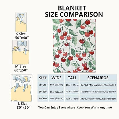 Cherry Blanket Fresh Red Fruit Throw Blankets with Green Leaves,Birthday Gifts for Kids Adult Women,Lightweight Soft Fleece,for Sofa Couch Bed Room Farmhouse Summer Decor 60x80in