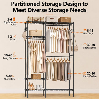 UEAKPIC Heavy Duty Clothes Rack, Portable Clothing Garment Rack for Hanging Clothes, Adjustable Storage Closet with Wire Shelves and Hanging Rods, Freestanding Closet Organizer, Max Load 700Lbs, Black