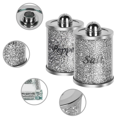 Crystal Salt and Pepper Shakers Set with Tray,Sparkly Crystal Crushed Diamond House Decor for Kitchen,Bling Salt Pepper Jar Container Pot for Countertop,saleros para cocina elegantes,Silver