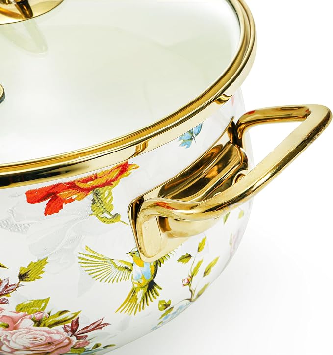 SOUJOY 2.8 Quart Enamel Stockpot with Glass Lid, Vintage Floral Soup Pot, Non-Stick Bean Stew Simmer Pot with Handle for Kitchen, Induction & Gas Stove Safe, Mother's Day, Wedding, Christmas Gift