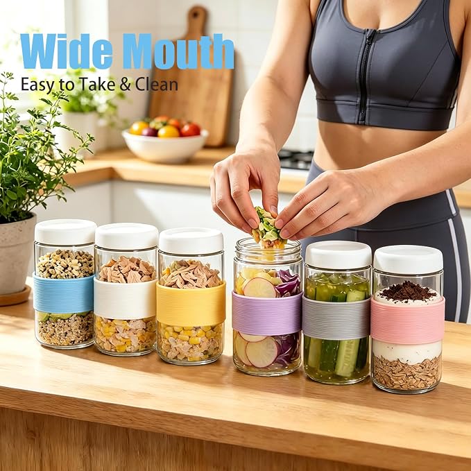 24 oz (6 Pack) Overnight Oats Containers with Airtight Lids and Silicone Sleeves - Perfect for Overnight Oats, Salad, Yogurt, Snacks, Pickles - Leakproof and Reusable Glass Food Storage Containers