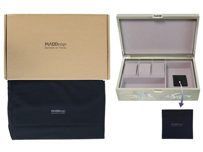 MADDesign Mother of Pearl Watch Box Jewelry Organizer Daily Storage Handmade Tribal Dragon Design (Metallic Silver)