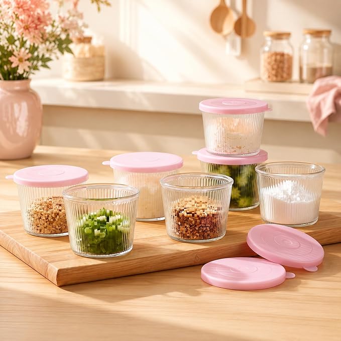 8 Sets Small Glass Bowls with Pink Lids 6.8oz Ribbed Clear Glass Containers Stackable Dessert Custard Pudding Cups Condiment Bowls for Sauces Dips Nuts Oats Candy Dessert Cereal