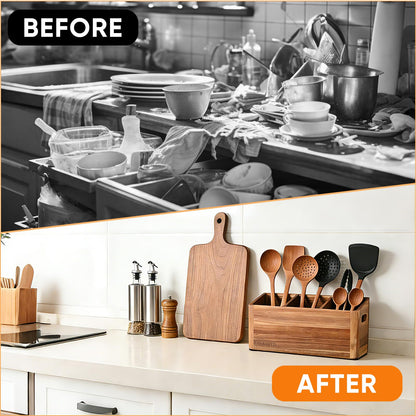 OIEKDJYD Wooden Utensil Holder for Kitchen Counter - Large Utensil Organizer with 3 Compartment, Cooking Tool Crock & Farmhouse Kitchen Accessories
