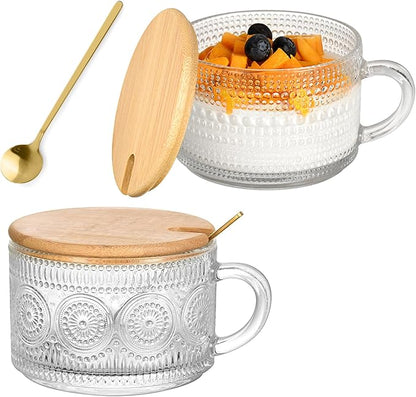 Vintage Glass Coffee Mugs 2 Set, 14oz Overnight Oats Containers with Bamboo Lids and spoon, Glass Tea Cups, Coffee Bar Accessories, Ideal Birthday, Holiday Gifts for Women