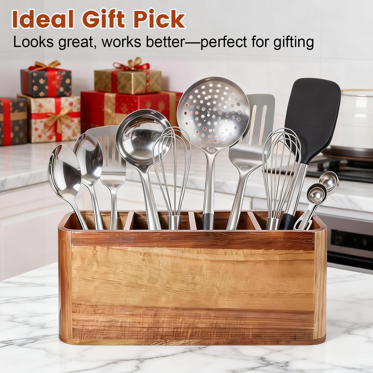 Gallkeat Kitchen Utensil Holder for Counter or Countertop, Large Wooden Utensil Holder with 4 Compartments, Acacia Wood Organizer for Cooking Utensils and Silverware, Ideal Gift for Kitchen Decor