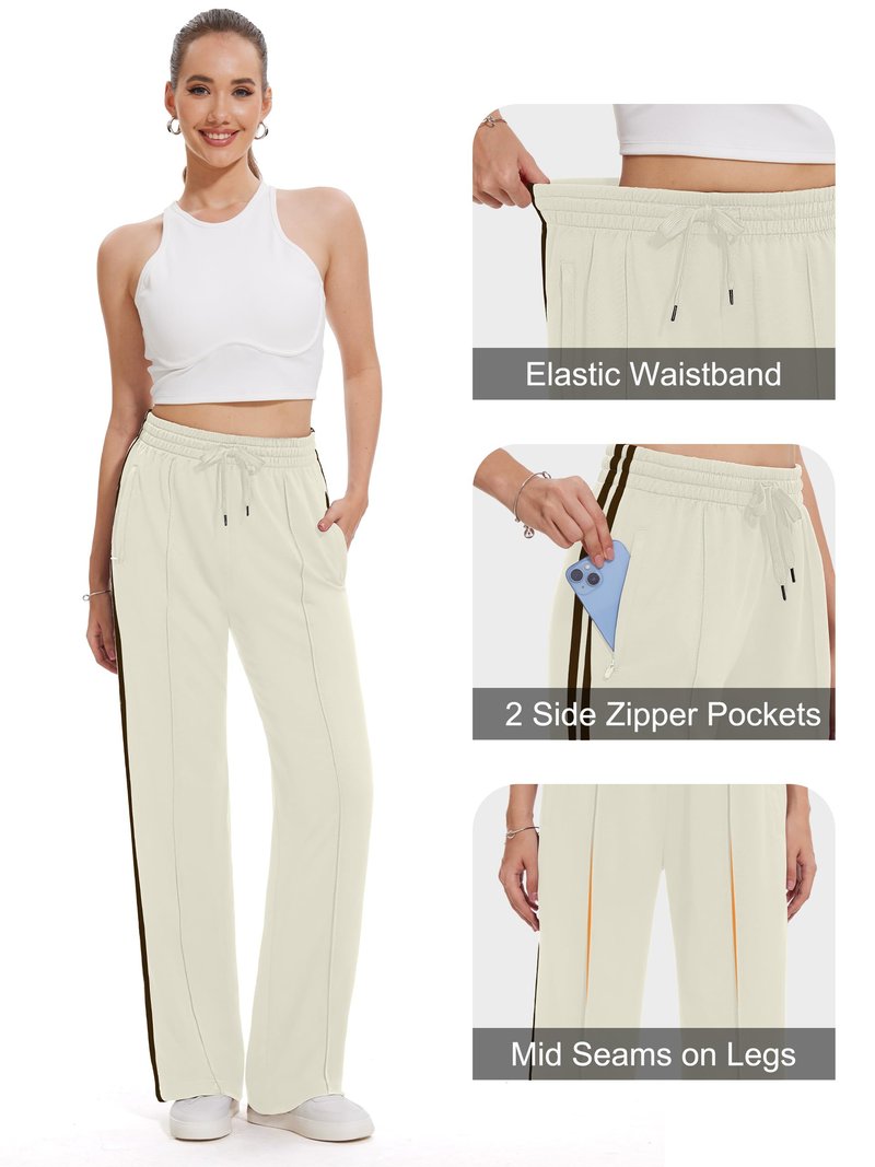 Tapata Petite Women's 28" Inseam Casual Pants Track Athletic Sweatpants Warm Up Loose Side Stripe Street Slacks, Beige, S
