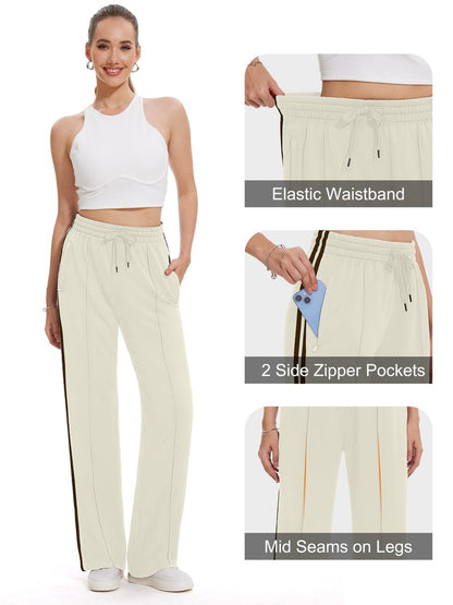 Tapata Petite Women's 28" Inseam Casual Pants Track Athletic Sweatpants Warm Up Loose Side Stripe Street Slacks, Beige, S