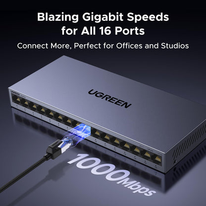 UGREEN 16 Port Gigabit Switch, Plug & Play Ethernet Switch, Standard/VLAN Mode, Unmanaged Network Splitter for Office & Business, Metal Fanless Desktop & Wall Mount Hub for NAS, PC, Printer, Router