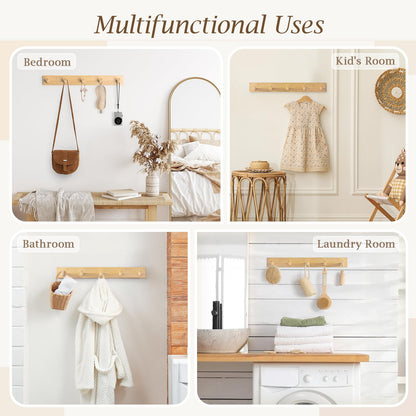 HOMEBROS Coat Rack Wall Mount, Wooden Coat Hanger with 5 Hooks, Heavy Duty, Natural, 2 Pcs