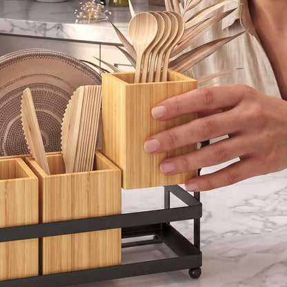 BTWDAEX Silverware Caddy Wood Utensil Organizer Holder For Spoons Forks Plates Napkins Silverware Utensil Caddy Cutlery Flatware Box for Paper Plate Dispenser