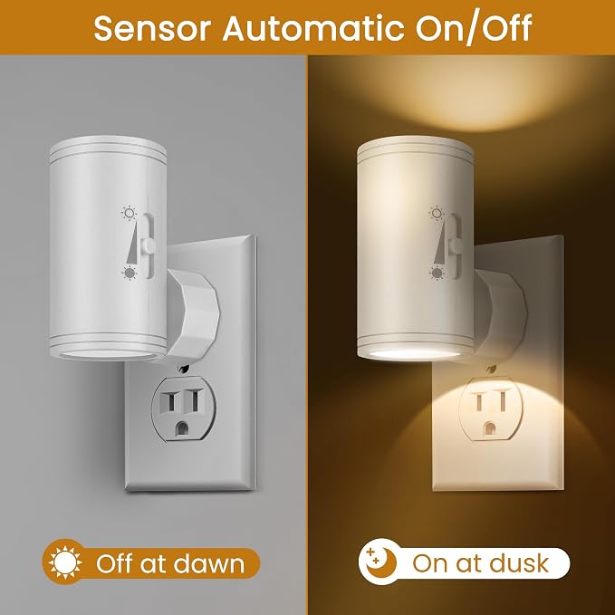 LED Plug-in Wall Night Light with Dimmable 0-300 Lumens, 3000K Soft White, Auto On/Off Light Sensor & Adjustable Head for Hallway, Stairs, Bedroom,2 Pack