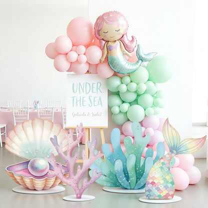 Novabright 4 Pcs Large Mermaid Birthday Decorations Mermaids Photo Booths Props Under The Sea Baby Shower Party Decoration Plastic Clam Shell, Coral, Stand Mermaid Tail Ocean Cutouts Party Decor