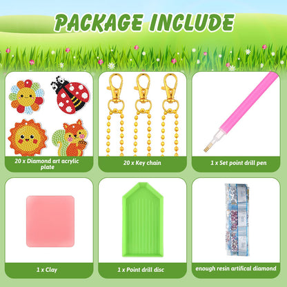 Inbagi 20 Pcs Summer Diamond Painting Keychain Kits 5d DIY Summer Diamond Art Animal Bee Frog Sun Ornaments Hanging Crafts for Family Decor Seasonal Gifts