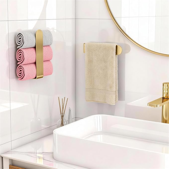 2 Pack Gold Hand Towel Holder, Adhesive Towel Bars Wall Mounted, 8 Inch Square
