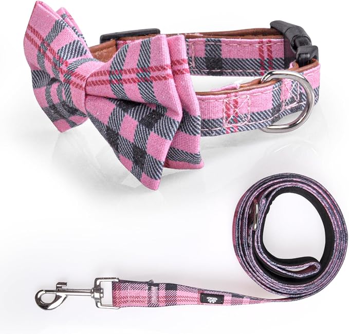 IVY&LANE Dog Collar with Bowtie and Leash Set | Plaid Adjustable Dog Collar | Detachable Bow Tie |5 FT Dog Leash | for Small Medium Large Dogs | Checkered Pink | Medium