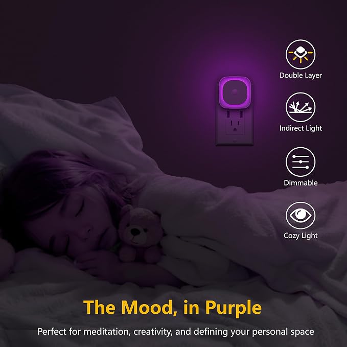 YUNLEX 2 Pack Plug in Night Light with Motion Sensor & Dusk to Dawn Sensor, 3 Sensor Modes, Purple Lights Plug into Wall, Dimmable Calming Glow for Meditation, Relaxation, Bathroom