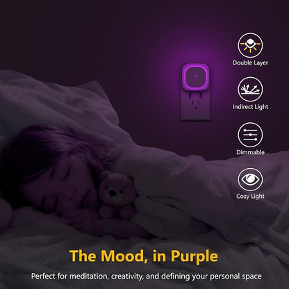 YUNLEX 2 Pack Plug in Night Light with Motion Sensor & Dusk to Dawn Sensor, 3 Sensor Modes, Purple Lights Plug into Wall, Dimmable Calming Glow for Meditation, Relaxation, Bathroom