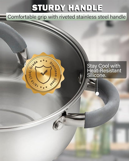 Cook N Home Basics 8 Quart Stainless Steel Stock Pot with Lid, Cooking Pot for Pasta, Soup, Stay-Cool Silicone Handle, Stockpot with Even Heating, Oven Safe, Cookware for Canning, Boiling, Simmer