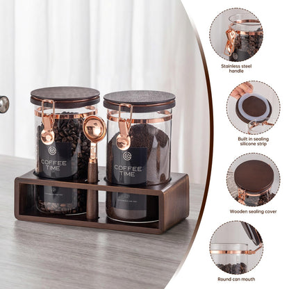 Flmeyaza Glass Coffee & Sugar Canister Set, 2×45OZ Airtight Glass Storage Jars with Wooden Shelf and Scoop, Airtight Food Containers for Coffee Beans, Ground Coffee, Sugar and Tea（Rose Gold）