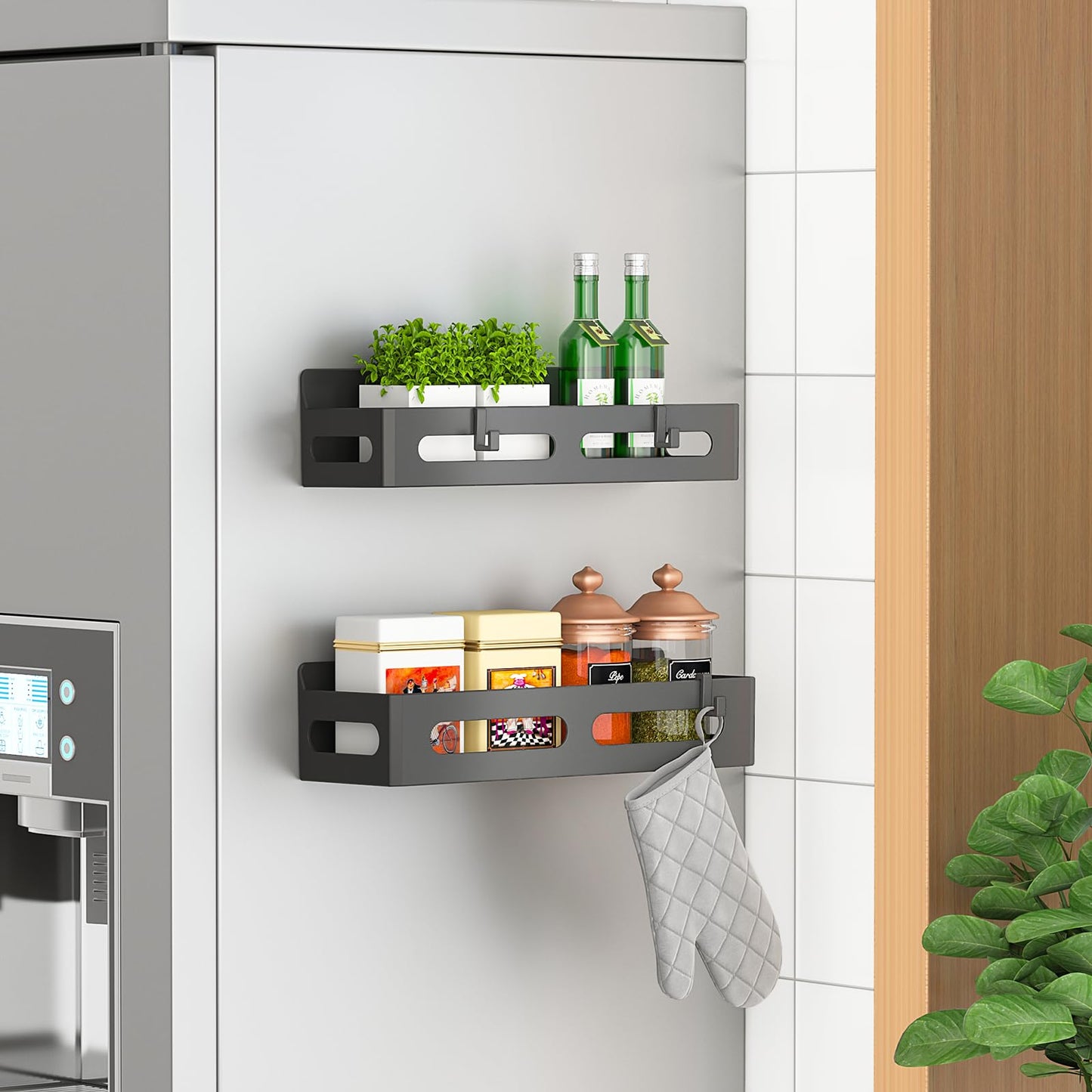 4 Pack Magnetic Spice Rack for Refrigerator, Spice Rack Organizer, Moveable Magnetic Shelf Fridge Organizer with 4 Hooks for Kitchen and Oven Organization, Black