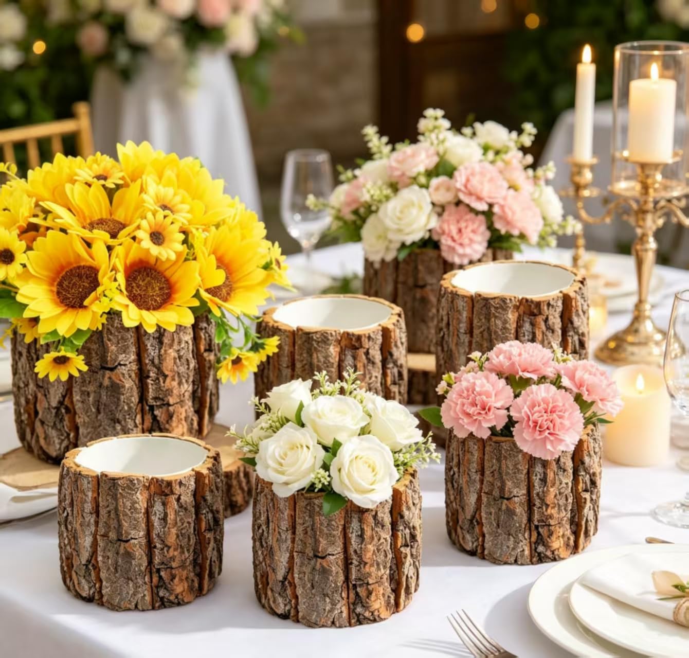 6 Set 4.72in Wooden Vases for Centerpieces, Wedding Flower Table Wood Vase Rustic Tree Stump Planter Pots with Foam Blocks for Woodland Party Home Farmhouse Table Decor (6 Set with Flower Foam)