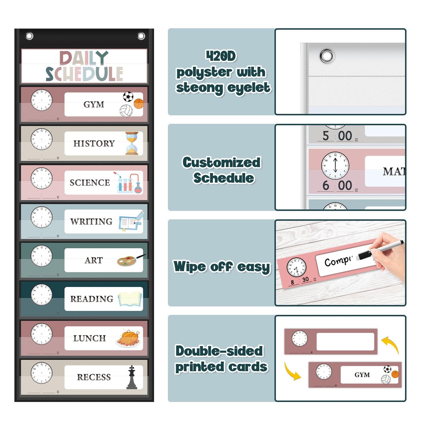 Monthly Calendar Pocket Chart for Classroom, Printed Days of The Week with Cards, Learning for Home or Kindergarten, Teacher Must Have Supplies That Fits Any School Décor (Black Calendar+Daily Schedule)