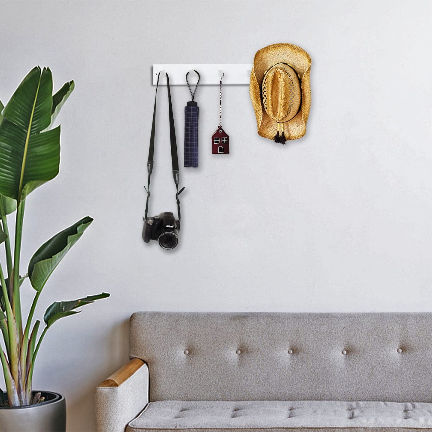 horkmous Wooden Coat Rack 2Pcs, 16'' Hole to Hole Wooden Wall-Mounted Coat Hooks, 5 Pegs Bamboo Wall Hooks for Hanging Towels, Hats, Robes, Clothes, Keys, White