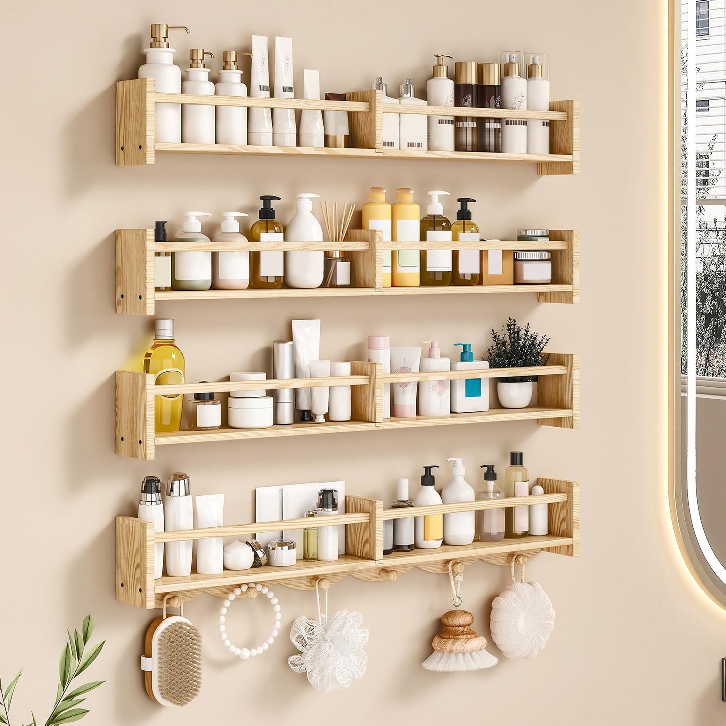 ECOOCE 34Inch Nursery Bookshelves,Set of 4,Wall Floating Shelf Kids Coat Rack with 6Hooks,Hanging Book Shelf for Baby Nursery Room Décor， Patent Number: 29958098(Burlywood, 34)
