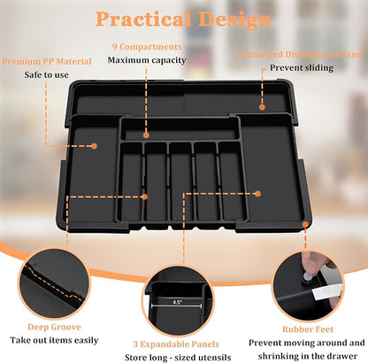 Spaclear Silverware Organizer Expandable Kitchen Utensil Drawer Organizer Large BPA Free Adjustable Cutlery Silverware Tray for Spoons Forks Knives Storage Divider for Kitchen Flatware 6-9 Slots Black