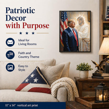 The Grace of God: Jesus & Trump Inspirational Painting 11x14 Unframed Poster - Religious Art Faith Leadership MAGA American Flag Patriotic Artwork for Home Office, Living Room, Conservative Christians