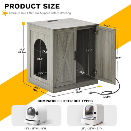 YITAHOME Large Hidden Litter Box Furniture with Power Outlets, Wooden Cat Litter Box Enclosure for Self-Cleaning Litter Boxes, Indoor Wooden Storage Cat Cabinet, Wash Grey