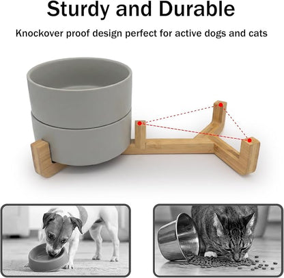 MateeyLife Ceramic Dog and Cat Bowls with Stand, 2-Pack Food and Water Bowl Set - Non-Slip Pet Bowls for Cats,Puppies and Small Dogs, 13.5OZ（Grey）
