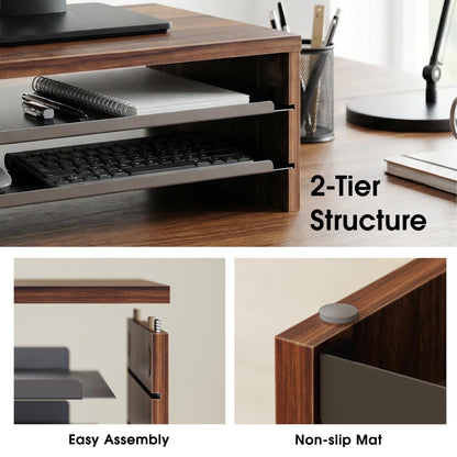 Fenge Monitor Stand, 3-Tier Monitor Riser with Slide-Out Tray, Wooden and Metal Desktop Organizer for Home Office, Computer, Laptop, Printer, Telephone