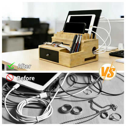 PERFECYEE Bamboo Charging Organizer for Multi-Devices, with Drawer and Pen Holder, Nightstand Desk Charging Stations Electronic Organizer for Cell Phone, Tablet, Etc (with 5-Cable, No USB Charger)