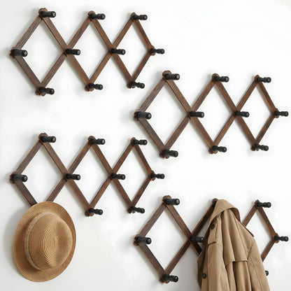 Lyksgir 4 Pcs Accordion Wall Hanger, Wooden Expandable Wall Mounted Hanger, Expandable Coat Rack, X Shape Coat Hooks for Hat, Coats, Coffee Mugs, Scarf, Including 40 Pegs with 8 Adhesive Hook (Brown)