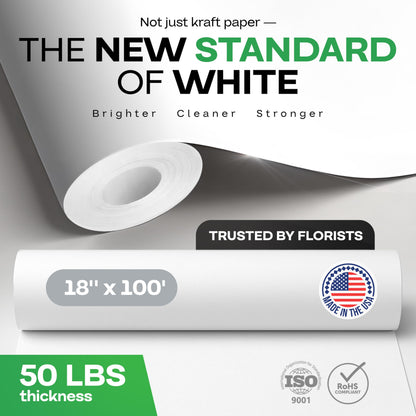 White Flower Wrapping Paper, 18"x1200" (100 feet) - USA-Made Premium 50lb Thick Bouquet Wrapping Paper - Elegant Flower Wrap Roll for Weddings, Ceremonies & Special Events by IDL Packaging