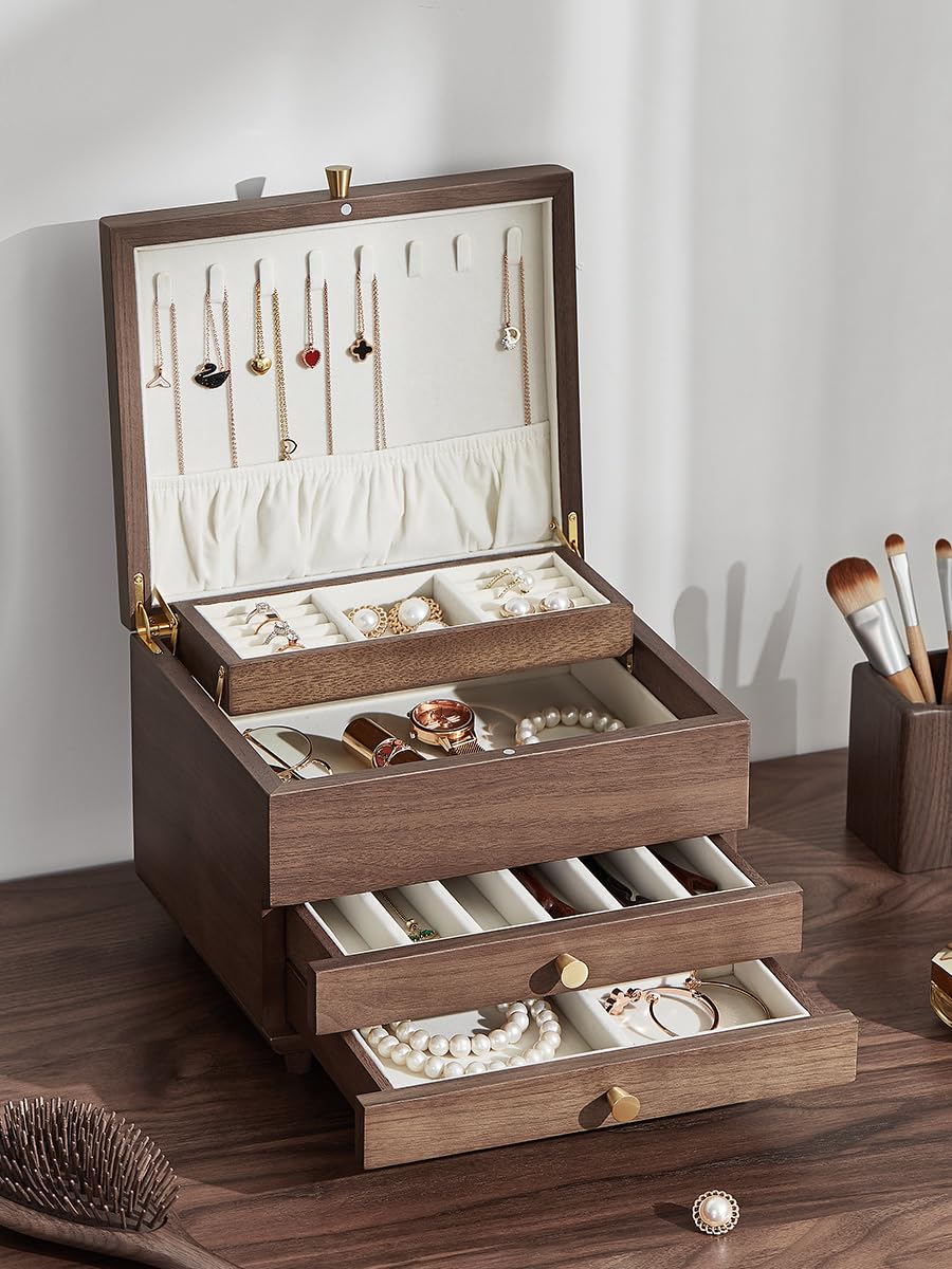 Homruilink Wooden Jewelry Box, 3 Layer Large Jewelry Organizer for Women, Jewelry Storage, for Necklaces Rings Earring Watches Bracelets, Black Walnut Wood, Fathers Day Gift