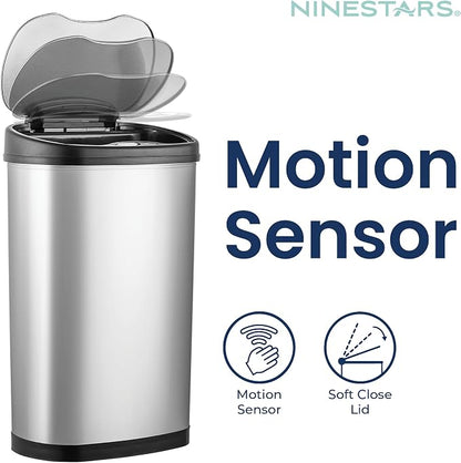 Ninestars 13 Gallon Oval Automatic Trash Can, 50L Touchless Motion Sensor Kitchen Garbage Can with Odor-Sealing Lid, Silver Stainless Steel