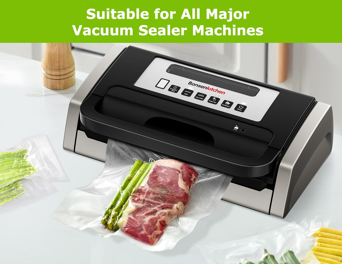 Bonsenkitchen Precut Vacuum Sealer Bags 200 Quart 8" x 12", BPA Free, Commercial Grade Textured Food Vacuum Sealer Bag, Thick Embossed Bags for Storage and Sous Vide Cooking VB3208