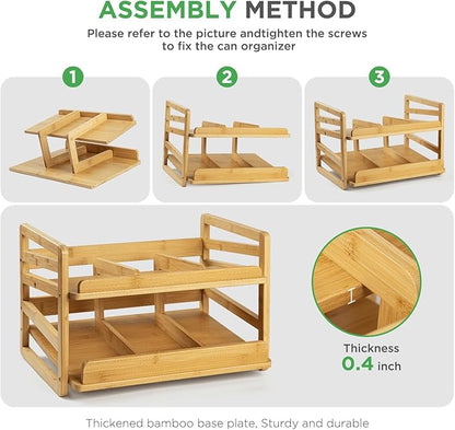 Bamboo Rolling Can Organizer for Pantry, Stackable 2 Tier Canned Food Organizer Rack for Storage, Kitchen Cabinet, Can Holders Dispensers for Pantry Up To 27 Cans