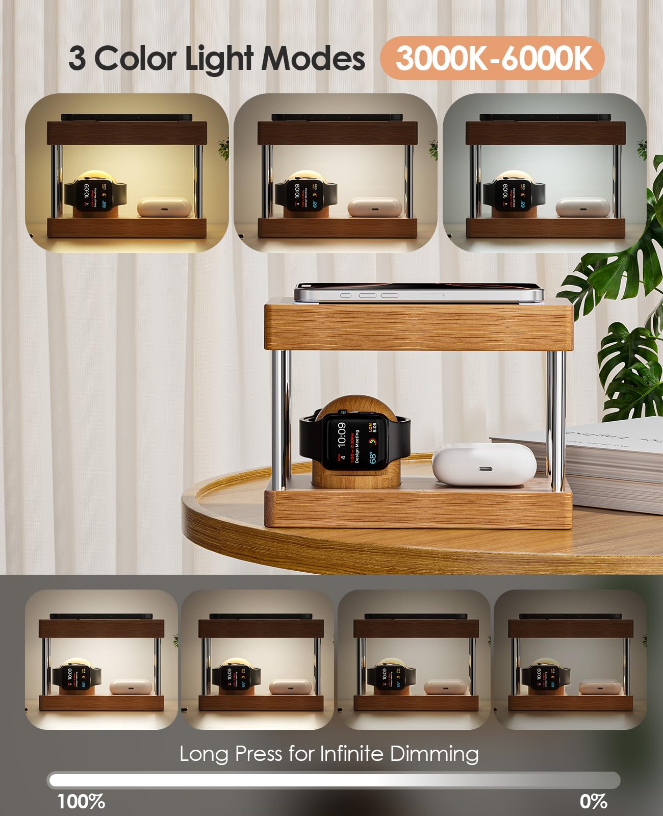 Nightstand Charging Station, 4 in 1 Bamboo Wireless Charging Station for Multiple Devices, Bedside Lamp Charger for iPhone/AirPods/iWatch, Birthday Gifts