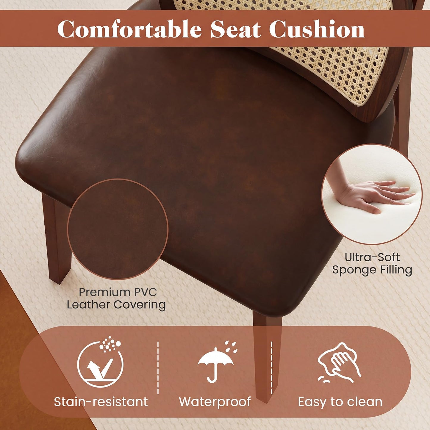 Giantex Wooden Dining Chairs Set of 2, Faux Leather Upholstered Kitchen Chairs w/Breathable Mesh Cane Backrest, Rubber Wood Frame, Padded Seat, Farmhouse Armless Side Chairs for Dining Room, Coffee