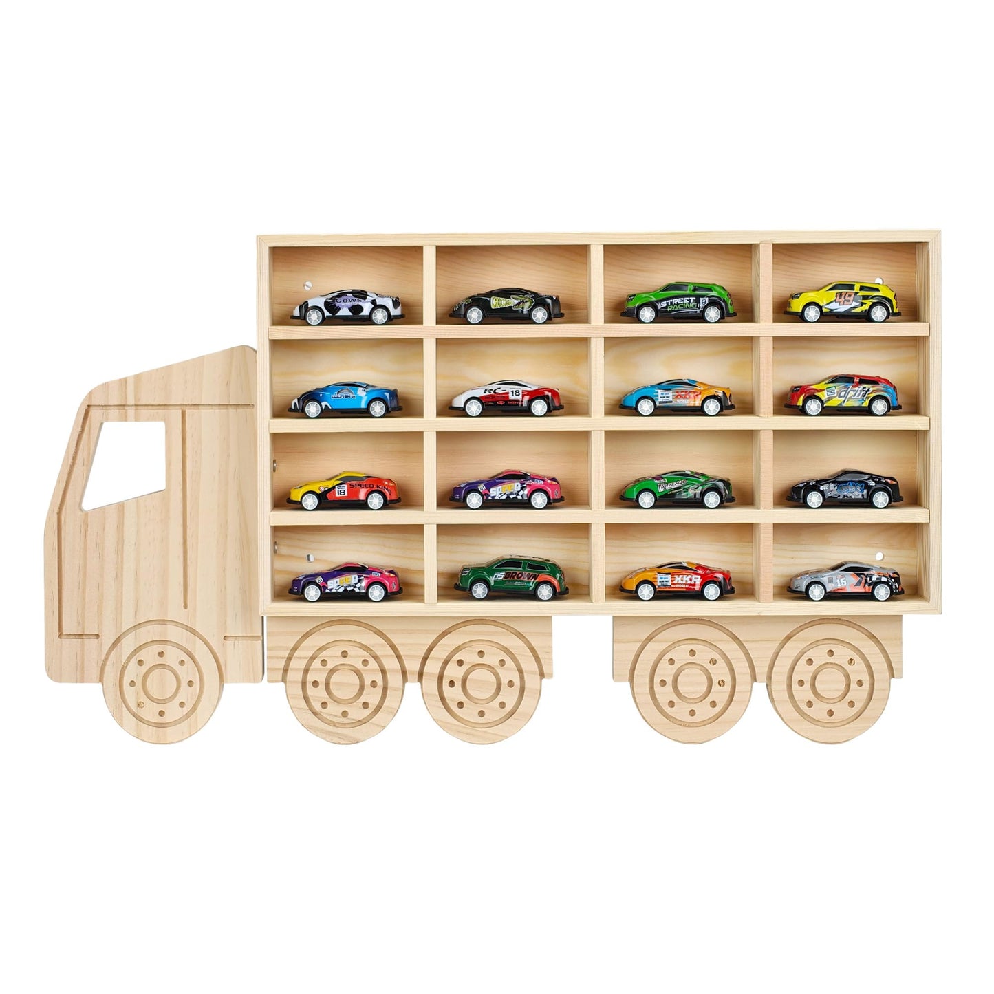 SHASHIDI Wooden Display Case for 1:64 Toy Cars – Car Organizer Shelf Holds 16 Diecast Cars, Great Gift for Collectors, Wall-Mounted Car Storage Rack(WD5330)