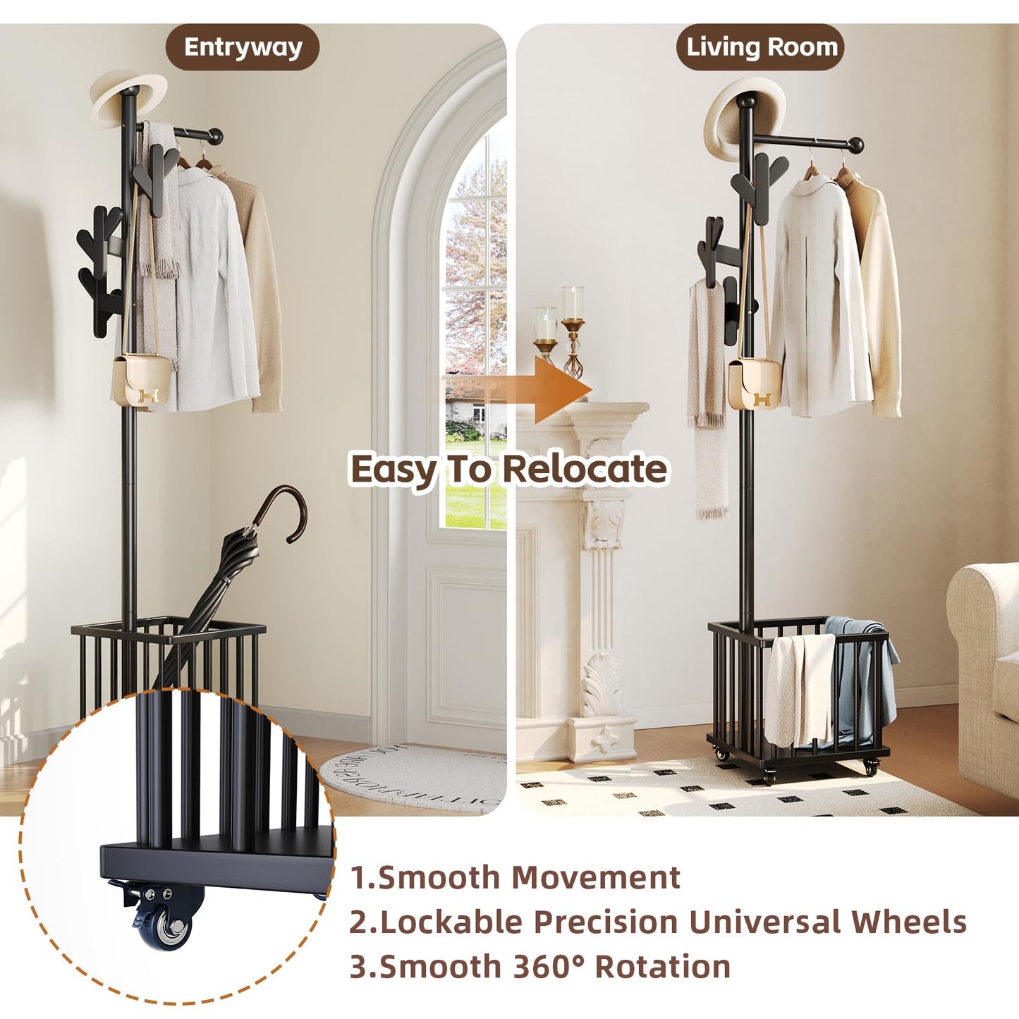 Cactus Freestanding Wooden Coat Rack with Storage Basket,Black Coat Rack with Hooks and Wheels, Space-Saving Entryway Organizer for Hanging Clothes, Bags and Storing Towels, Toys, Bedroom, Living Room