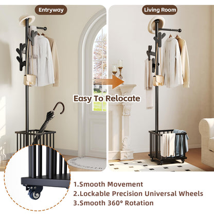 Cactus Freestanding Wooden Coat Rack with Storage Basket,Black Coat Rack with Hooks and Wheels, Space-Saving Entryway Organizer for Hanging Clothes, Bags and Storing Towels, Toys, Bedroom, Living Room
