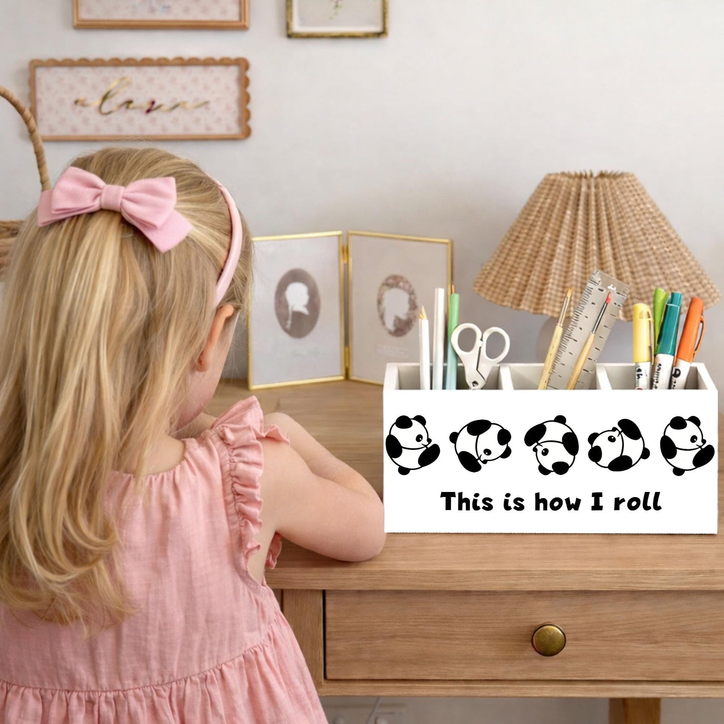 GGED Wooden Desk Organizer with Panda Design, 3 Compartment Pen Pencil Holder, Decorative Office Supply Storage Box for Home, Office, Desk Table, Gift for Friends and Coworkers