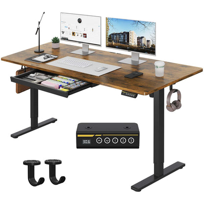 Gamork Electric Standing Desk with Drawers,48x24 inches Height Adjustable Sit-Stand Desk with Storage Shelf,3 Preset Heights,Equipped with Hooks,Ergonomic Gaming Table for Home and Study，Brown
