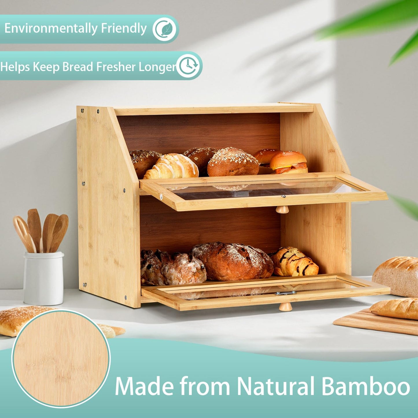 Wcatea Bread Box for Kitchen Countertop, Large Double Layer Bamboo Bread Storage Box with Clear Door, Includes 20 Bread Bags & Labels, Farmhouse Kitchen Storage Organizer (Natural Bamboo)