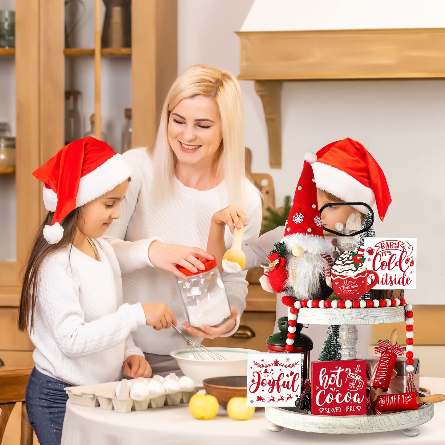 8 Pcs Christmas Tiered Tray Decor Includes 1 Pc Christmas Gnomes Plush Balls 4 Pcs Small Wooden Signs 2 Pcs Decorative Mini Rolling Pins 1pc Wood Holiday Bead Garland for Table Home Kitchen Decor